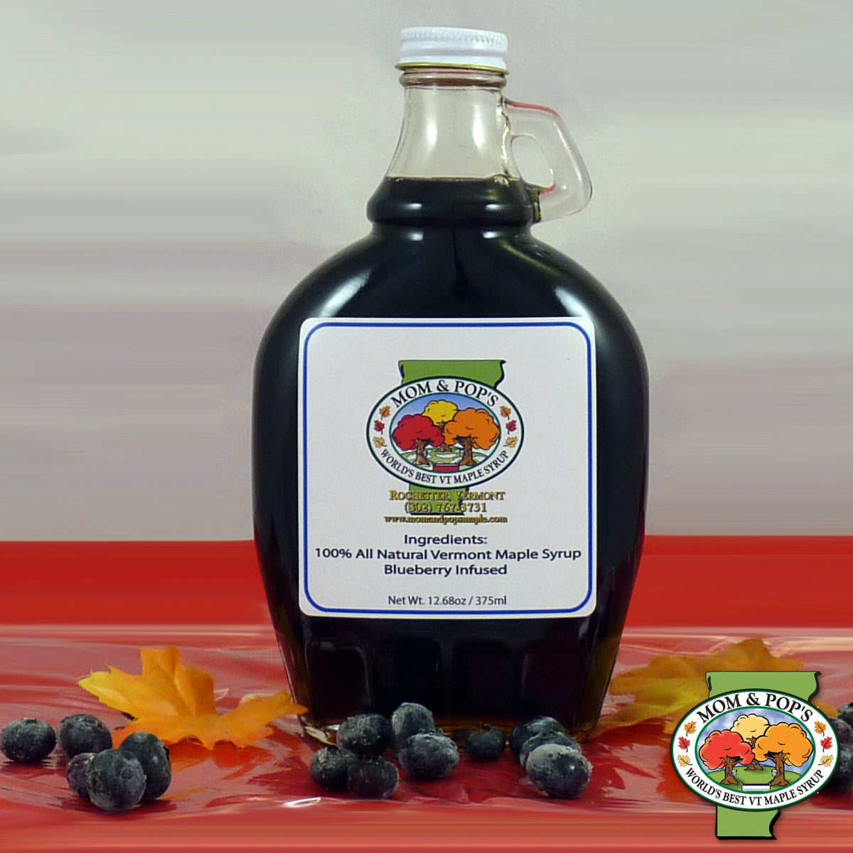 A bottle of Blueberry Infused Maple Syrup