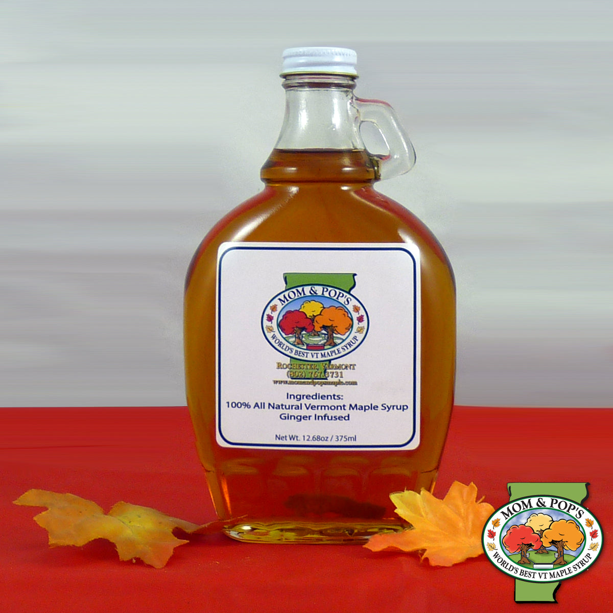 A bottle of Ginger Infused Maple Syrup