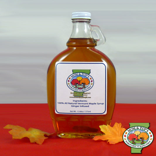 A bottle of Ginger Infused Maple Syrup