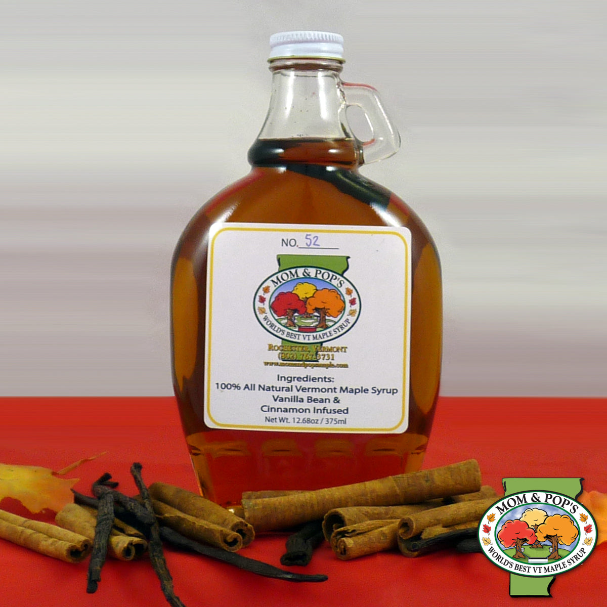 A bottle of Vanilla Bean and Cinnamon Infused Maple Syrup